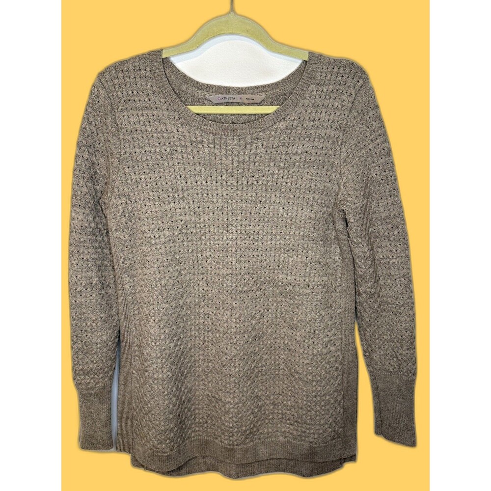 ATHLETA Cable Knit Wool Blend Womens Crew Neck Sweater Size Medium grey brown
